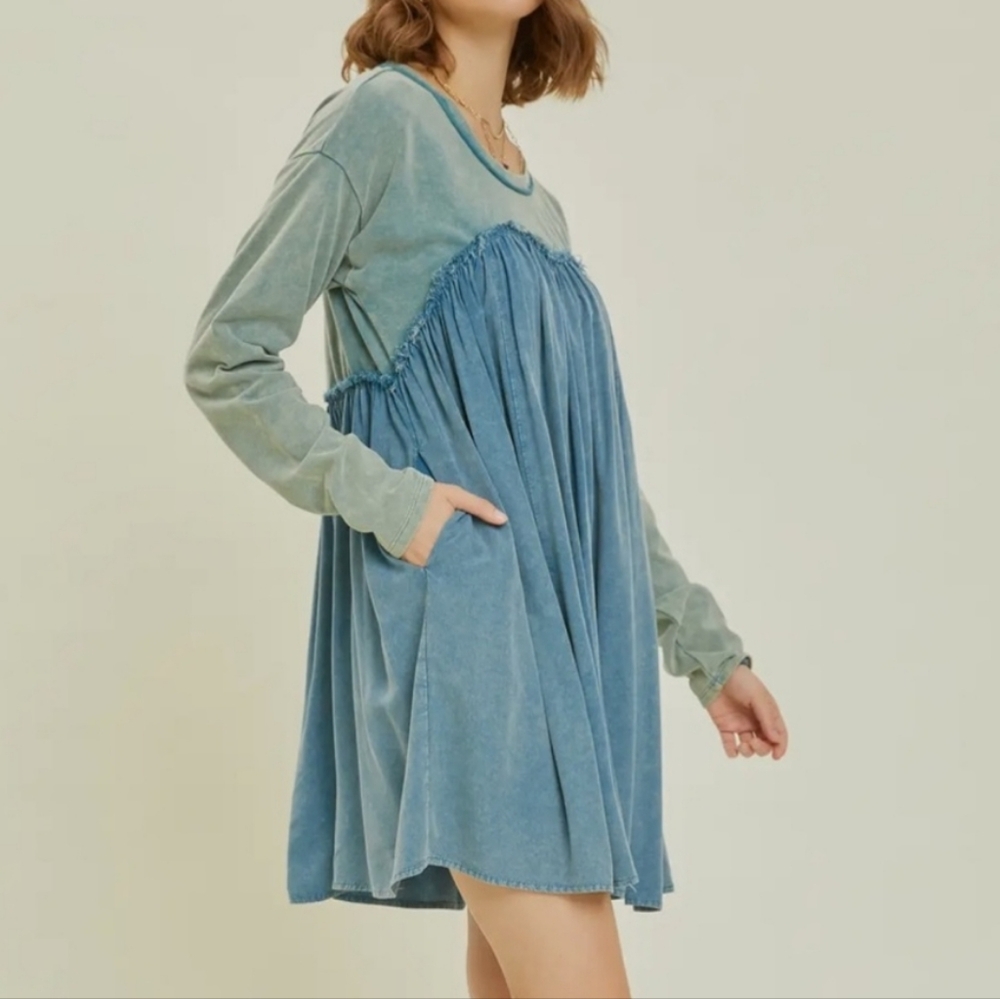1XL NWT HEYSON Chambray/Grn Mineral Wash Dress 25.5ptp 36.5Long 2 Pockets SOFT! - Picture 2 of 16